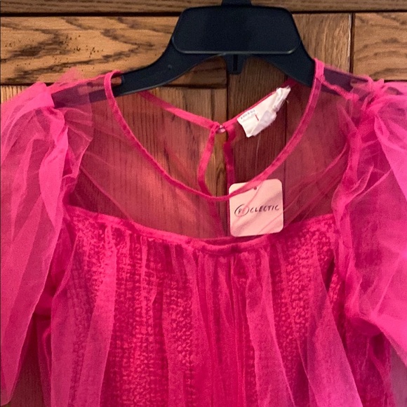 Anthropologie Sheer Puff Sleeve Tulle Top with Crinkle Stretch Inner Layer Pink - Picture 2 of 7